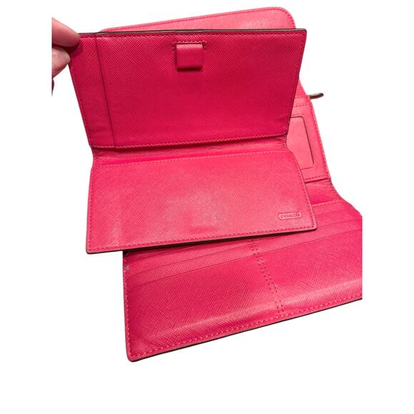 Coach Signature Coated Canvas Full Size PVC Checkbook Wallet Khaki / Pink Ruby - Picture 7 of 10